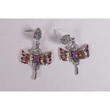 A pair of silver and plique a jour dragonfly drop earrings