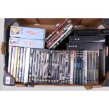 A box of DVDs including Game of Thrones series I and II, Spider Man 2 gift set, Star Wars, James