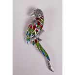 A 925 silver and plique a jour brooch in the form of a parrot, 3" long