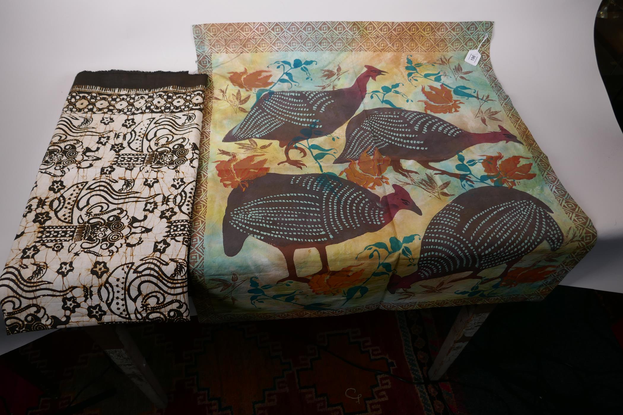 An Oriental block printed textile panel decorated with quail, 30" x 26", together will a panel of