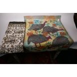 An Oriental block printed textile panel decorated with quail, 30" x 26", together will a panel of