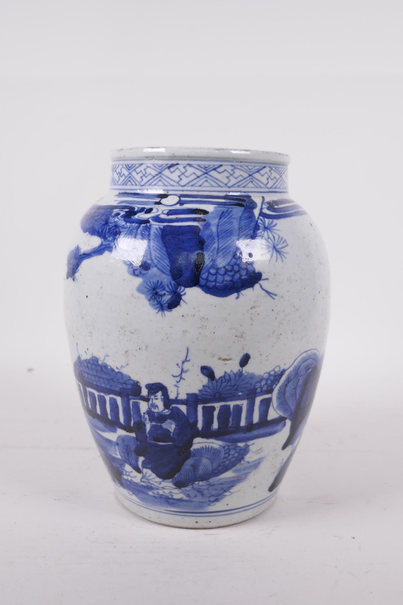 A Chinese Republic period blue and white porcelain jar, decorated with figures in a landscape, - Image 2 of 5