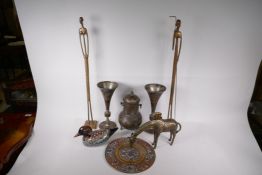 A pair of Kashmiri trumpet shaped vases with engraved and enamelled decoration, 11" high, and a