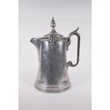A C19th Reed and Barton porcelain lined pewter jug with engraved floral decoration and later applied