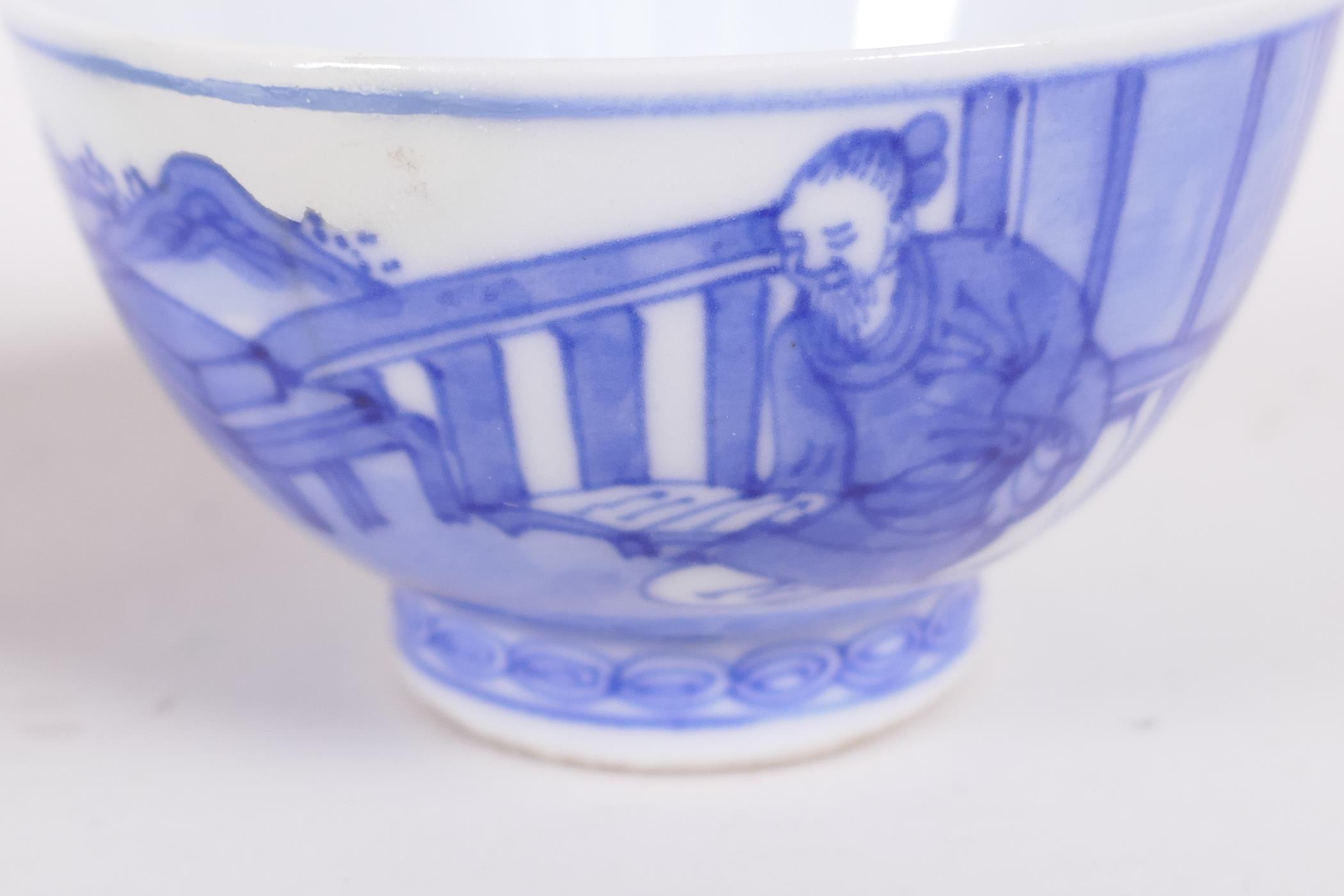 A Chinese blue and white porcelain tea bowl decorated with a figure in a continuous landscape, 6 - Image 2 of 6