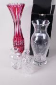 A ruby overlaid cut glass specimen vase on a pedestal base, 12" high, together with two Royal