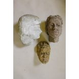 Three hand cast composite stone noble head, largest 14" high x 11" wide, A/F weathered