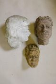 Three hand cast composite stone noble head, largest 14" high x 11" wide, A/F weathered