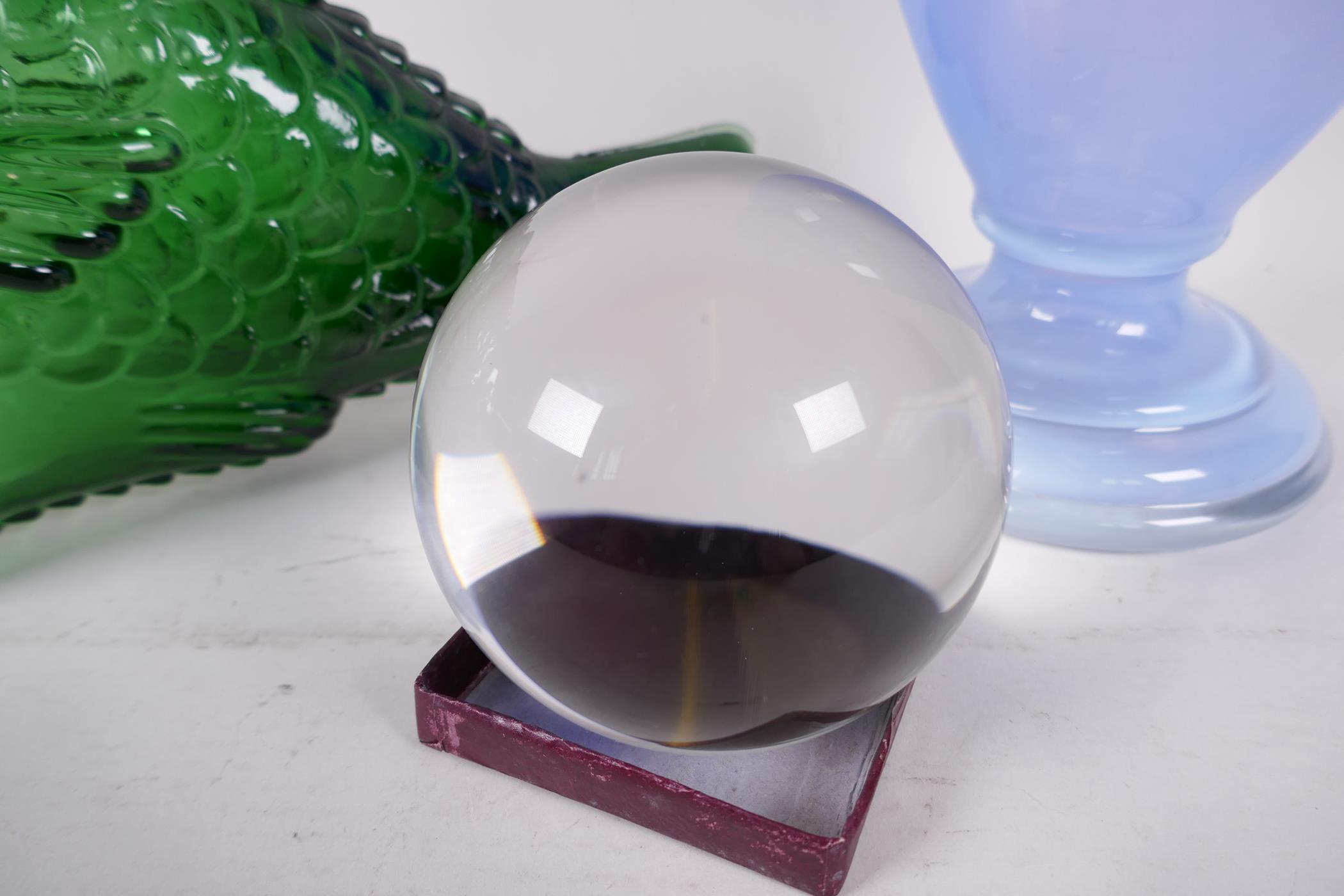 A crystal glass ball, 3" diameter, together with a phased blue glass vase, 12" high and a green - Image 2 of 4