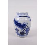 A Chinese Republic period blue and white porcelain jar, decorated with figures in a landscape,