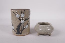 A Chinese crackle ware brush pot with prunus blossom decoration and a crackle ware censer on