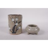 A Chinese crackle ware brush pot with prunus blossom decoration and a crackle ware censer on