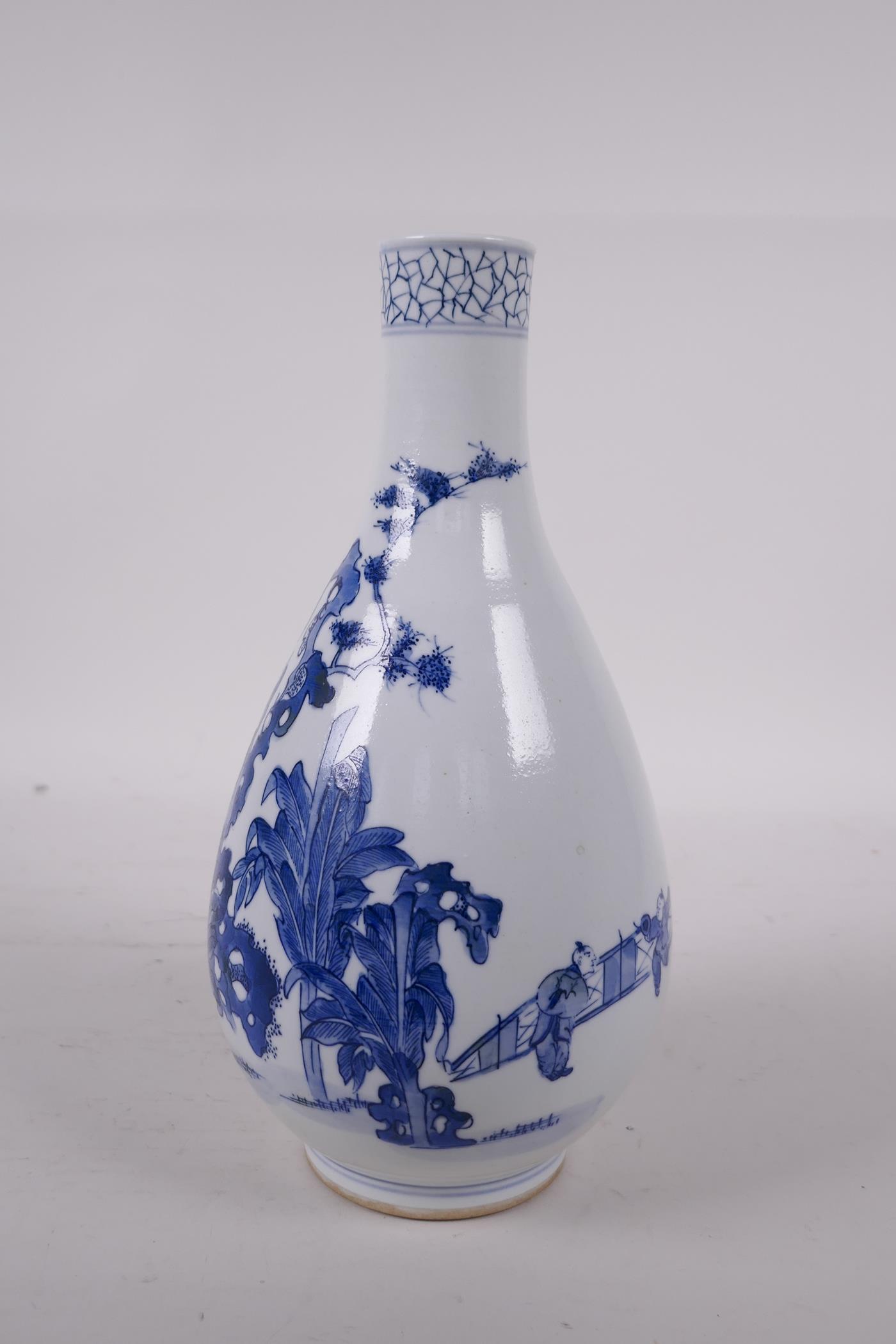 A Chinese blue and white porcelain pear shaped vase decorated with women and children in a - Image 3 of 5