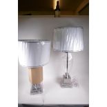 A pair of contemporary glass and metal table lamps with fabric shades, (new), 33" high
