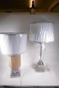 A pair of contemporary glass and metal table lamps with fabric shades, (new), 33" high