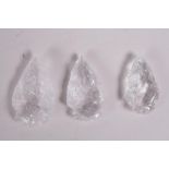 Three rock crystal arrowheads, 2" long