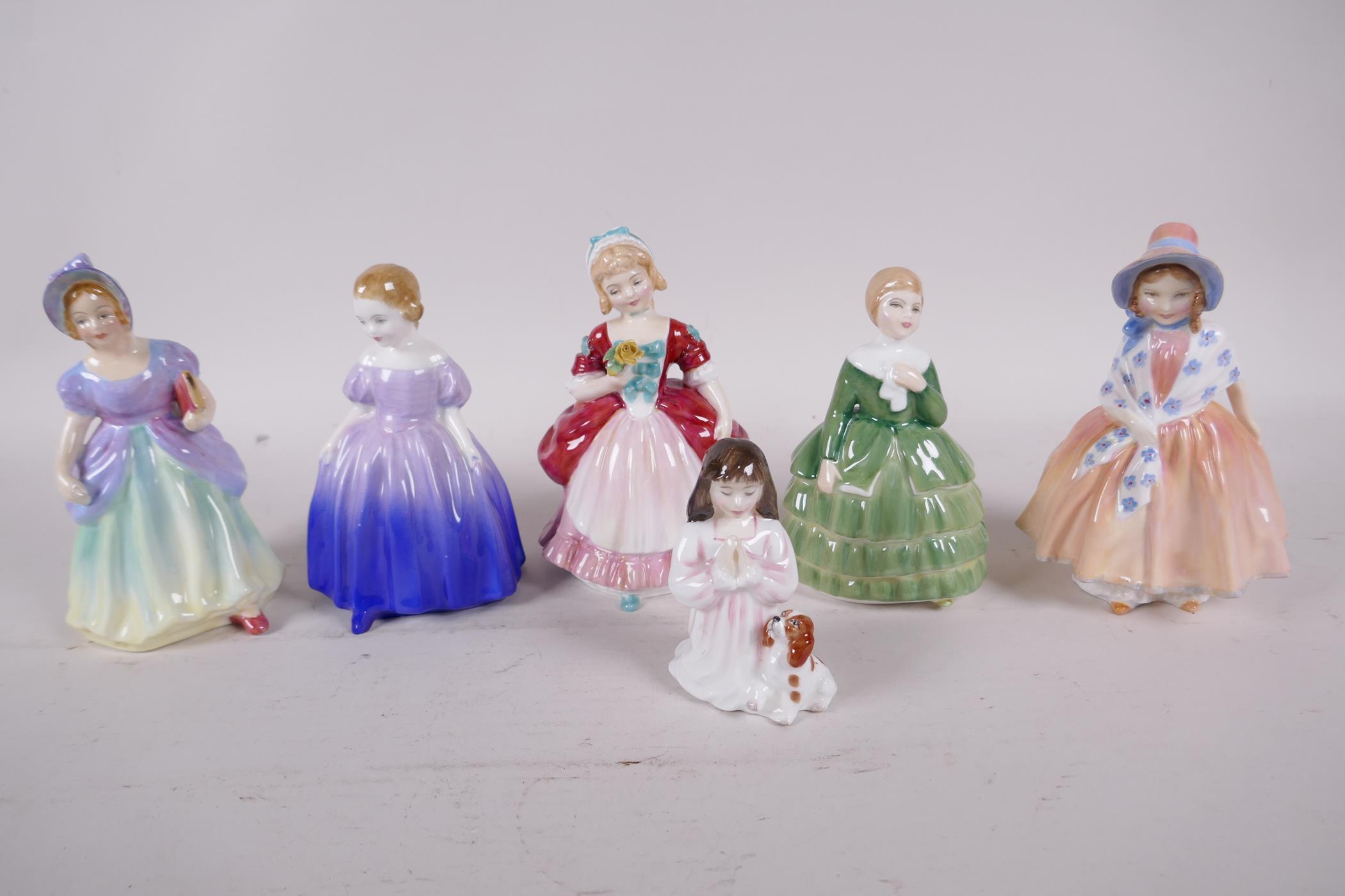 Five Royal Doulton figures of young girls, Valerie HN2107, Belle HN2340, Marie HN1370, Lily