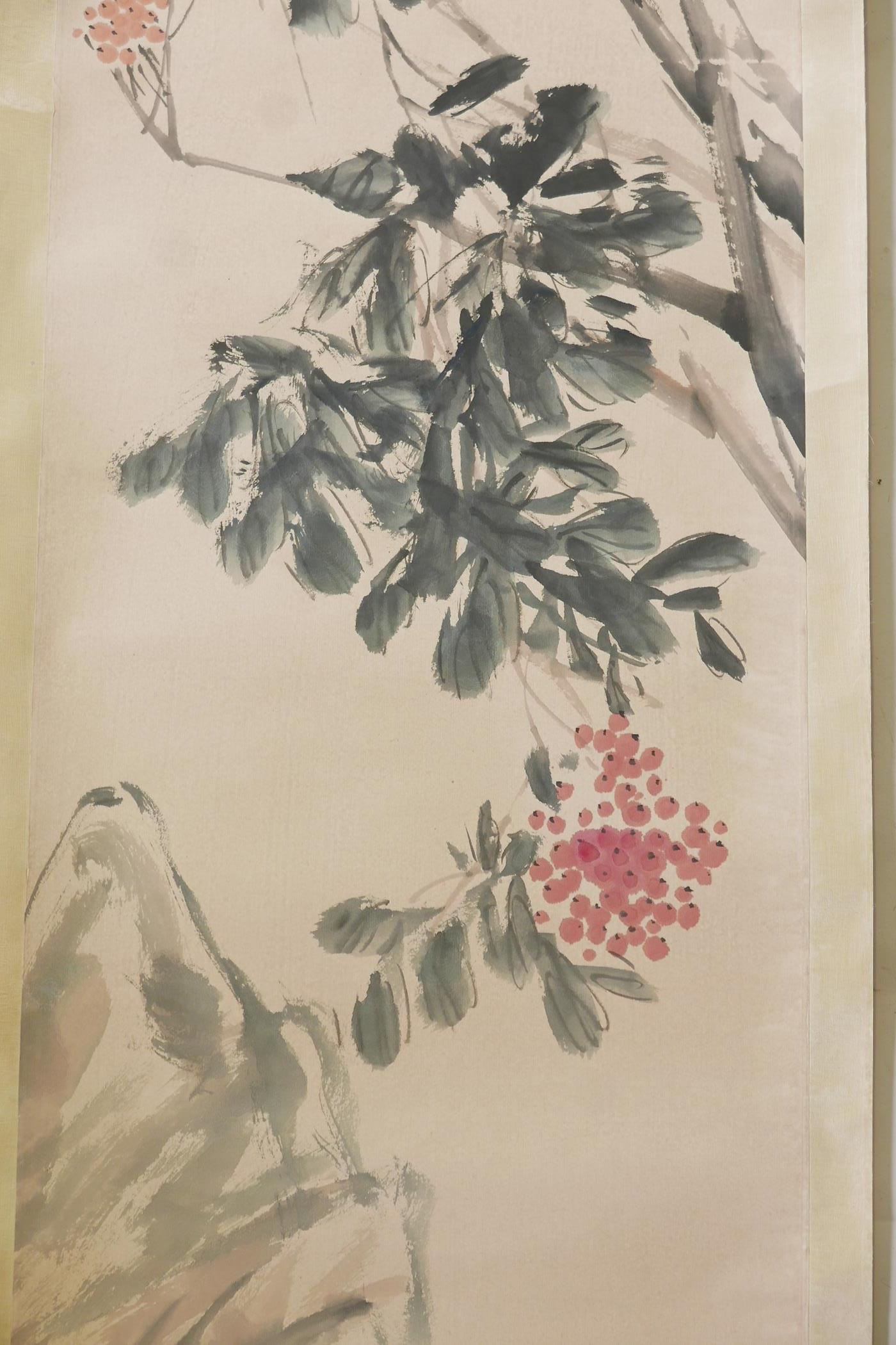 A Chinese watercolour scroll depicting a branch laden with berries, 53" x 13" - Image 3 of 3