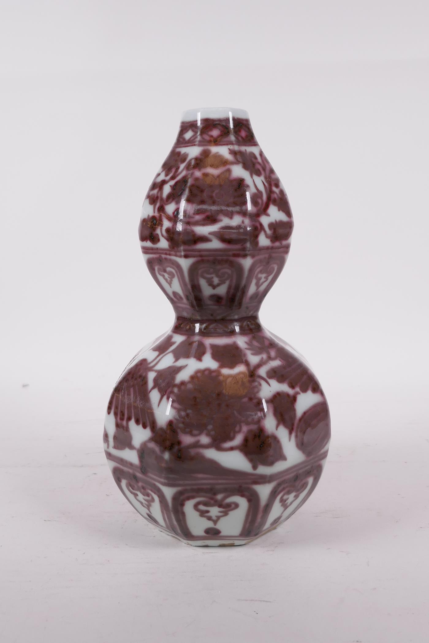 A red and white porcelain double gourd vase with peacock decoration, Chinese, 9" high - Image 4 of 5