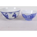 A Chinese blue and white porcelain tea bowl decorated with a figure in a continuous landscape, 6