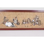 A Chinese painting on rafia of a sage with rats, surrounded by onlookers, signed, 23" x 8"