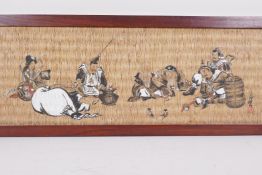 A Chinese painting on rafia of a sage with rats, surrounded by onlookers, signed, 23" x 8"