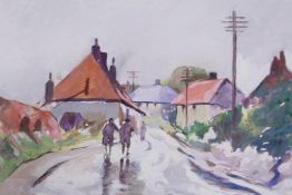 Ernest William Aldworth, (British, 1889-1977), two paintings, a French village scene, and a man with