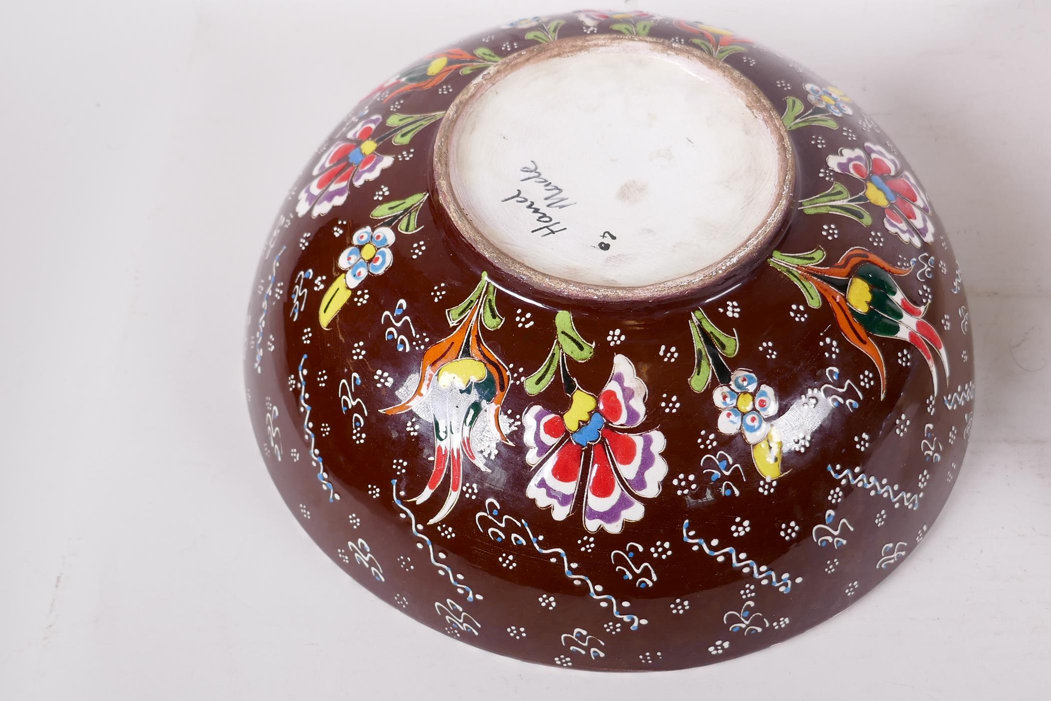 A brightly coloured hand painted bowl in the manner of Thune, 12" diameter, together with an Italian - Image 4 of 4