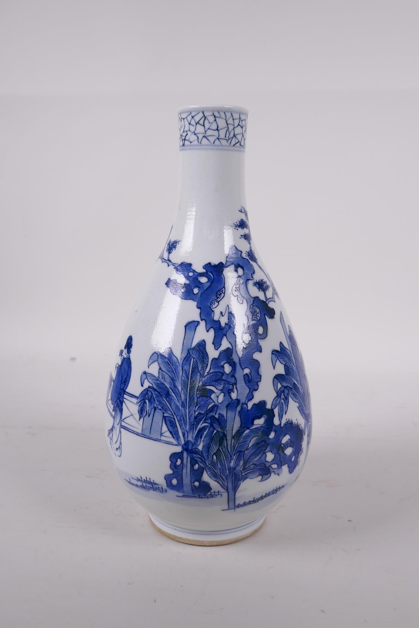 A Chinese blue and white porcelain pear shaped vase decorated with women and children in a - Image 4 of 5