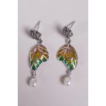A pair of silver, plique a jour and pearl drop earrings, 1½" drop