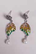 A pair of silver, plique a jour and pearl drop earrings, 1½" drop