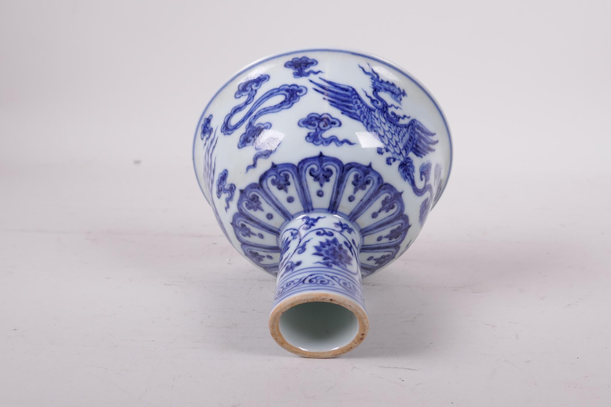 A Ming style blue and white porcelain stem bowl with phoenix decoration, Chinese, 4" high x 5" - Image 5 of 5