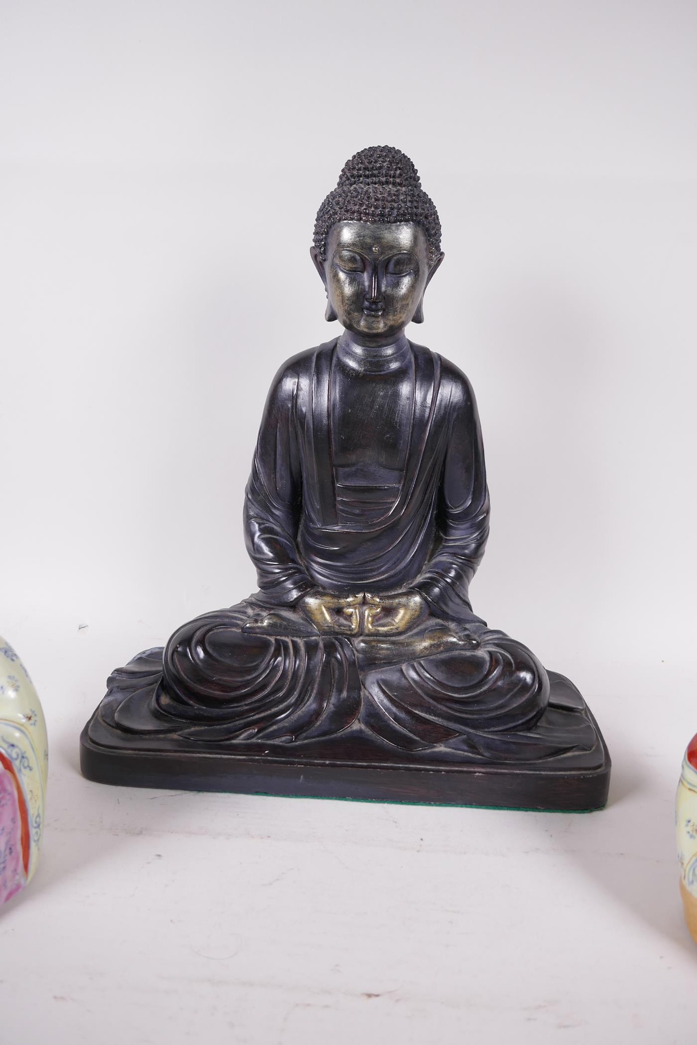 Two Chinese brightly painted figures of Buddha, 5" high, together with a composition figure of - Image 3 of 3