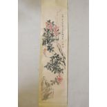 A Chinese watercolour scroll depicting a branch laden with berries, 53" x 13"