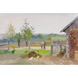Two figures in a rural landscape, signed, also signed and inscribed verso, Russian oil on board, 13"