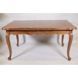 A French oak draw leaf dining table, with carved frieze and parquetry top, detachable legs, 39" x