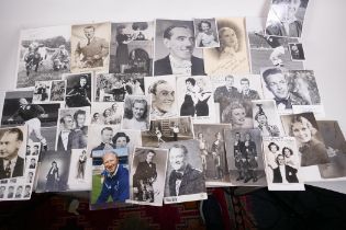 A collection of vintage photographs featuring figures from theatre, film and sport, many signed