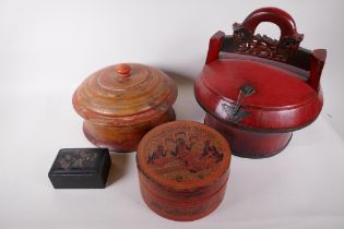 A Burmese painted wood box and cover, 10" diameter, together with a Chinese wedding box, and two