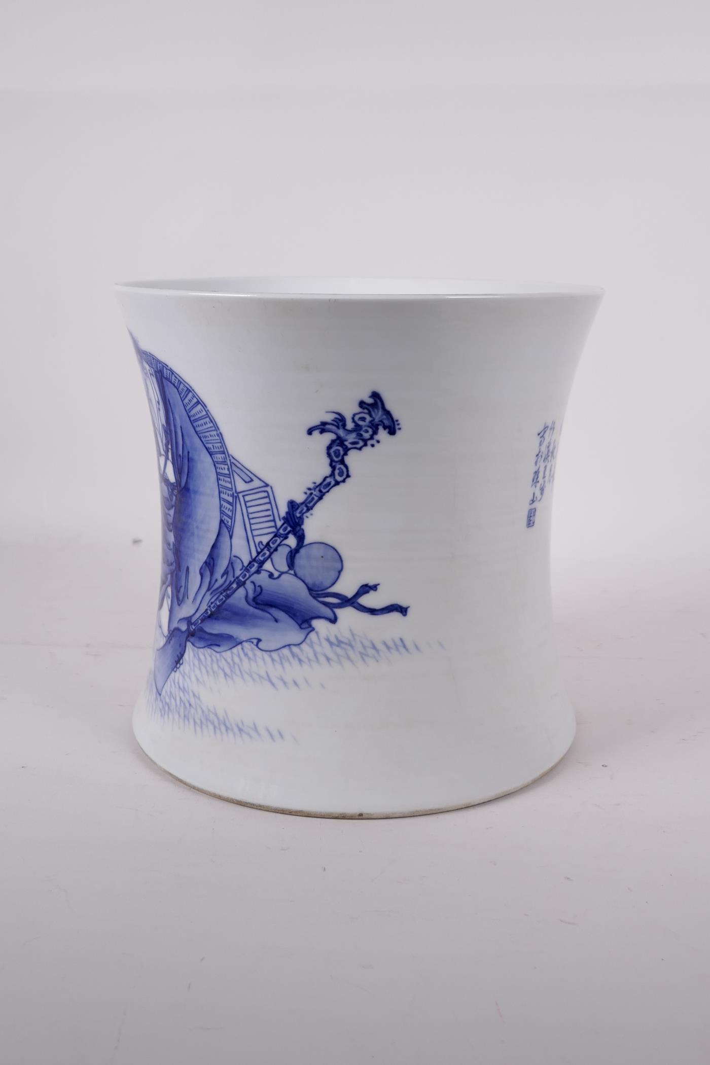 A Chinese blue and white porcelain waisted brush pot, decorated with Lohan and an elephant, - Image 4 of 6