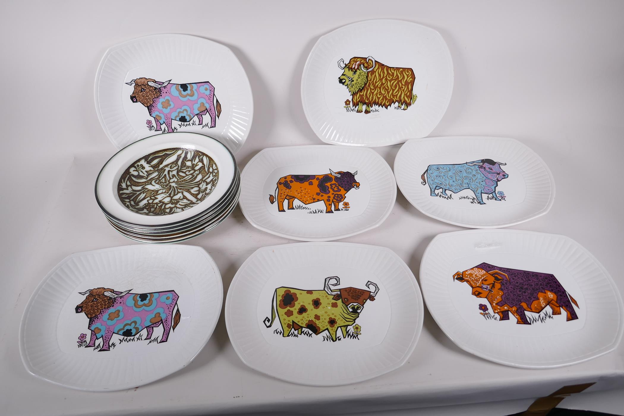 A set of seven Beefeater Steak and Grill plates decorated with stylised bulls, together with a set