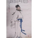 A Japanese watercolour of a bearded gentleman, detailed with calligraphy and red seal marks,