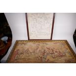 A machine tapestry of huntsmen and romantic figures, 38" x 17", together with a framed chart showing