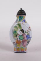 A Canton enamelled copper snuff bottle decorated with women and children, four character mark to