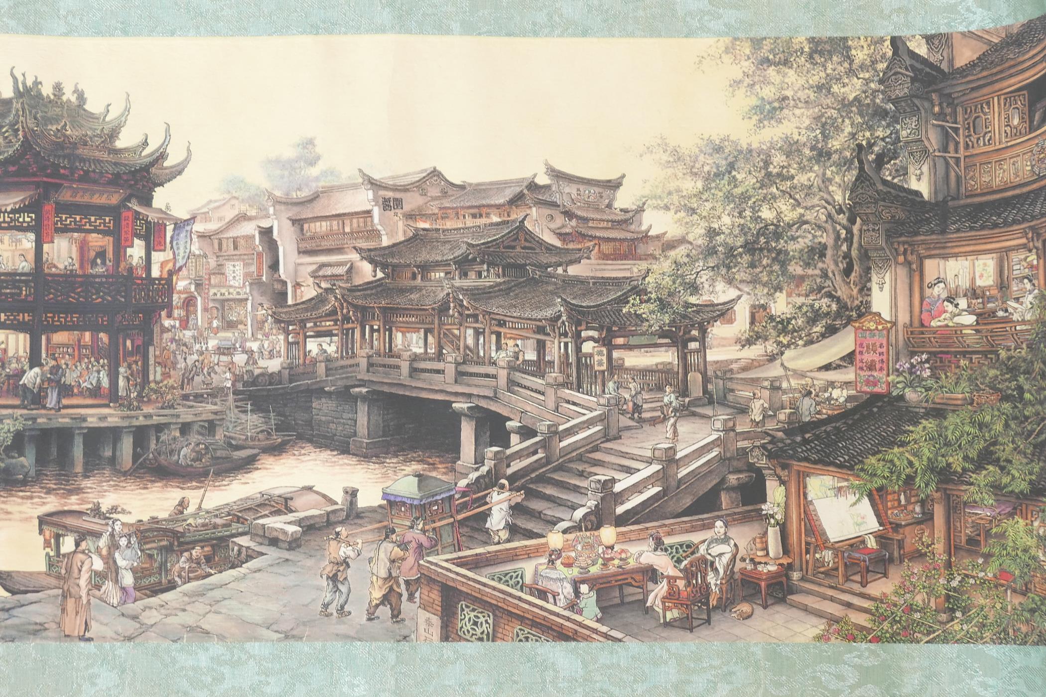 A Chinese printed scroll depicting a town scene, with character inscription panels to either end, - Image 5 of 7