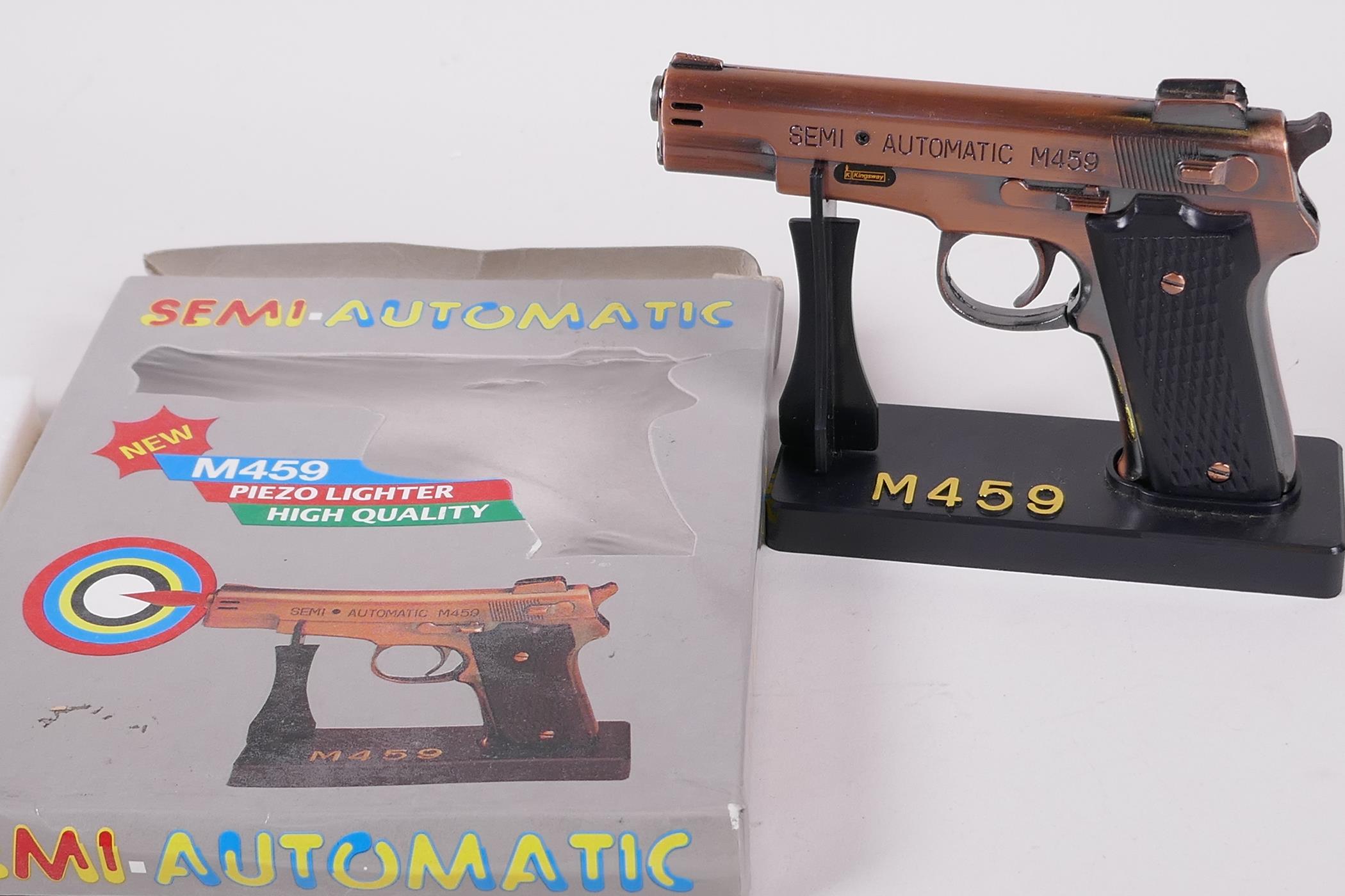 A Kingsway semi automatic M459 pistol table lighter, 5" long, boxed - Image 3 of 3