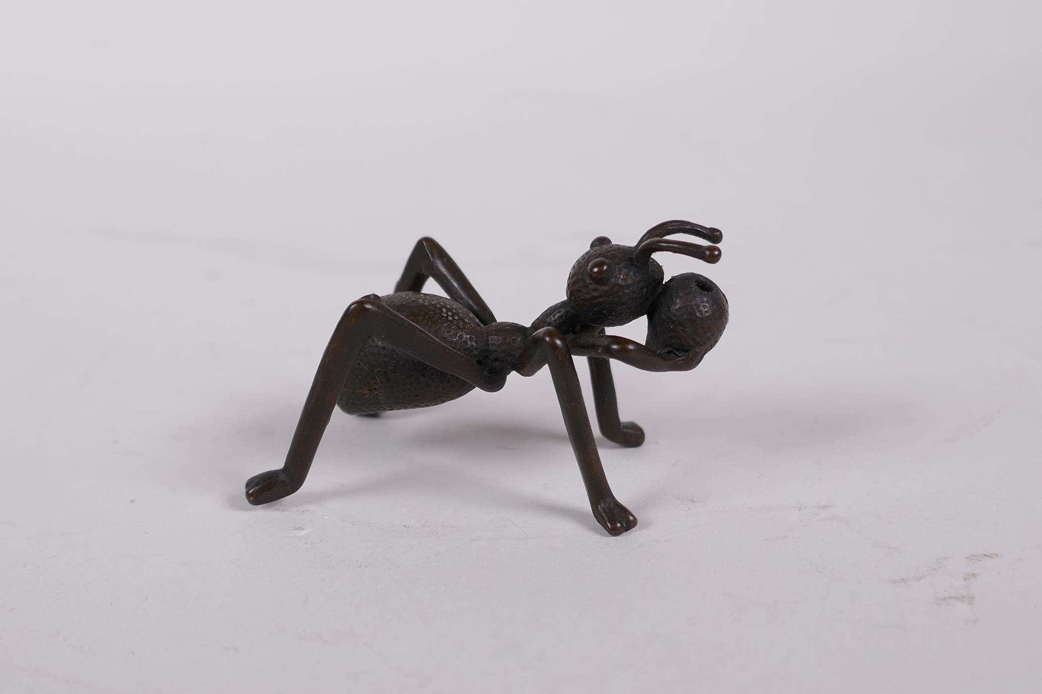 A Japanese Jizai style bronze incense stick holder in the form of an ant, 2" long - Image 2 of 3