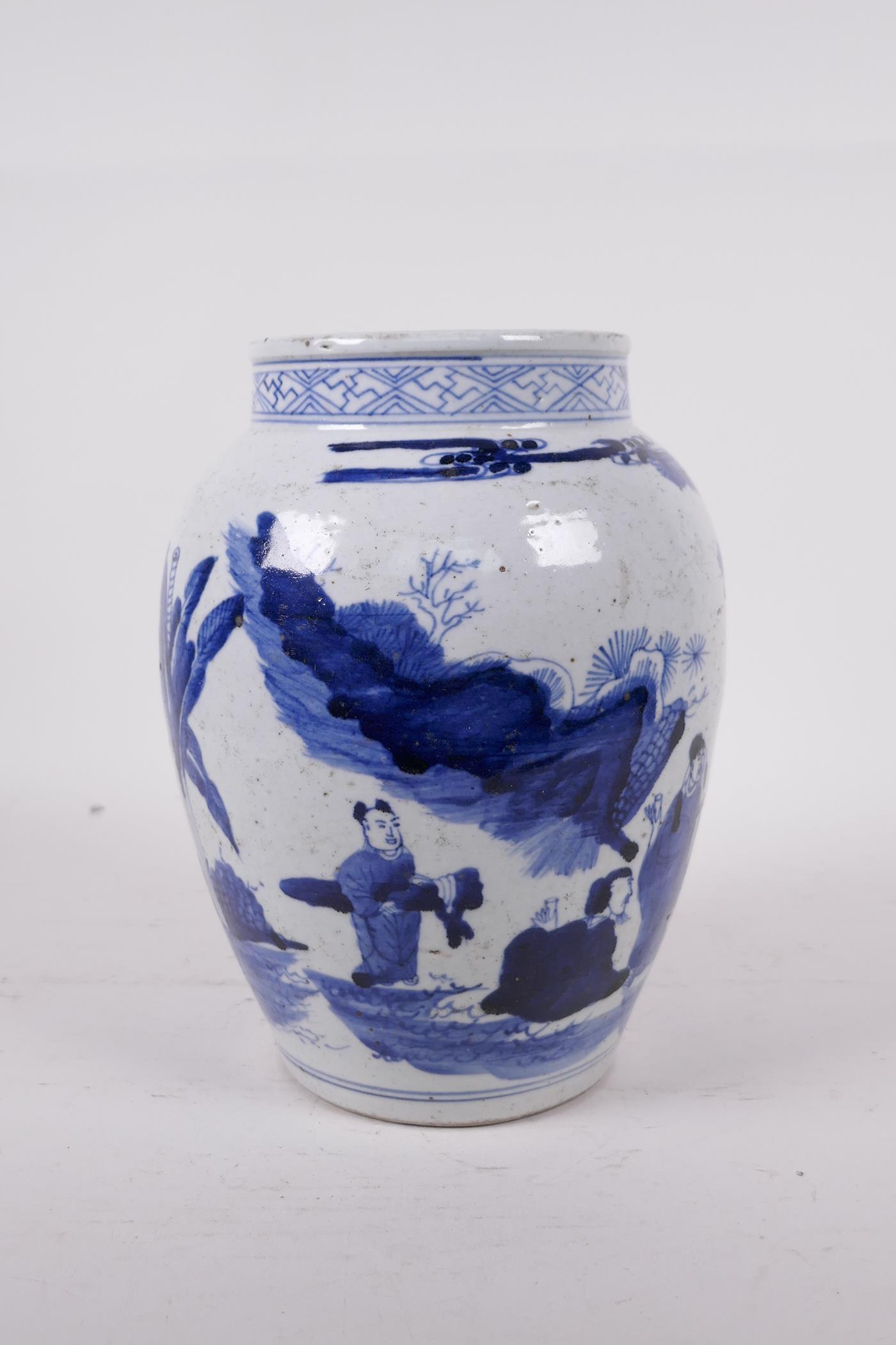 A Chinese Republic period blue and white porcelain jar, decorated with figures in a landscape, - Image 4 of 5