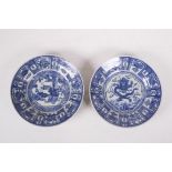 A pair of Chinese Kraak blue and white porcelain dishes decorated with dragons, women and