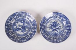 A pair of Chinese Kraak blue and white porcelain dishes decorated with dragons, women and