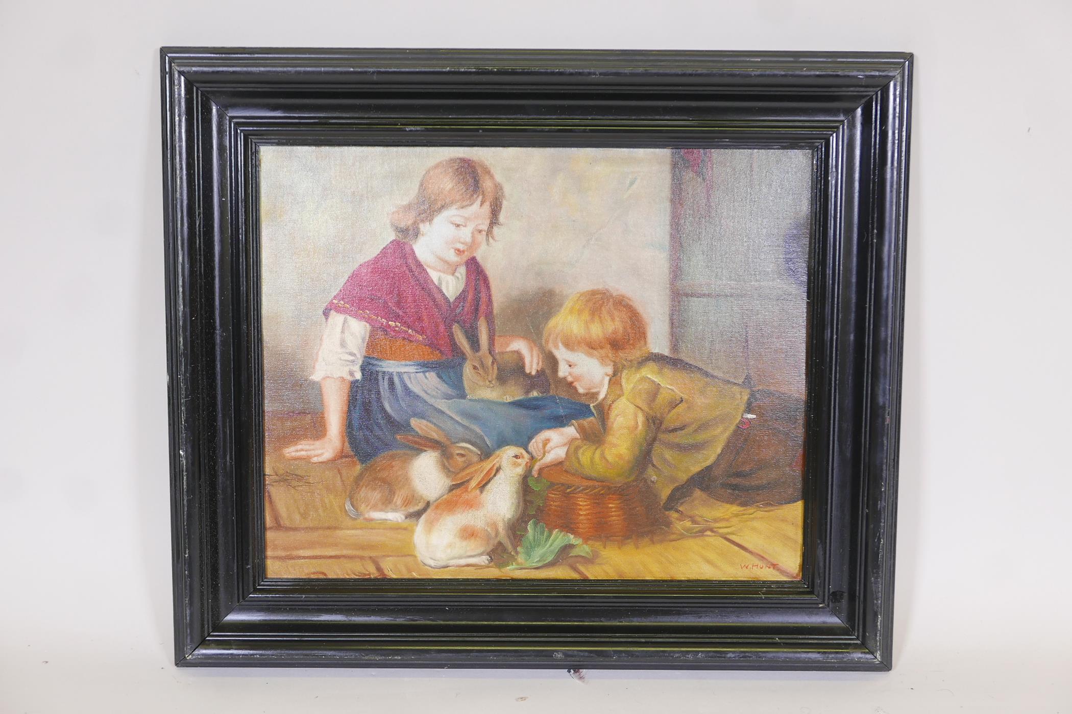 In the style of Walter Hunt, interior scene with children and rabbits, oil on canvas board, 18" x - Image 2 of 4